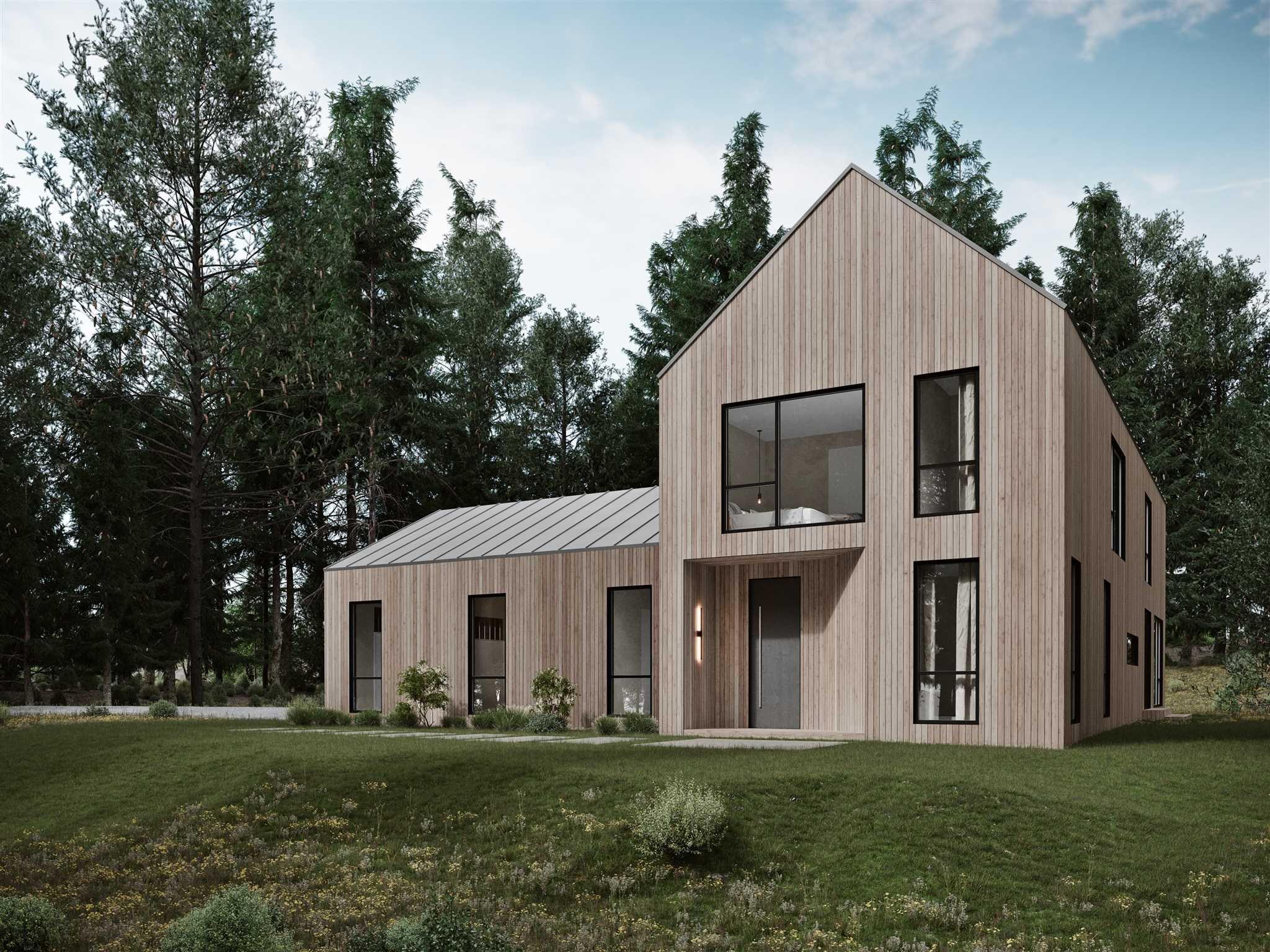a view of a yard in front of a house with large windows