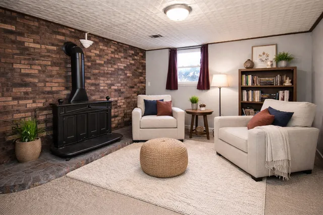 a living room with furniture and a potted plant