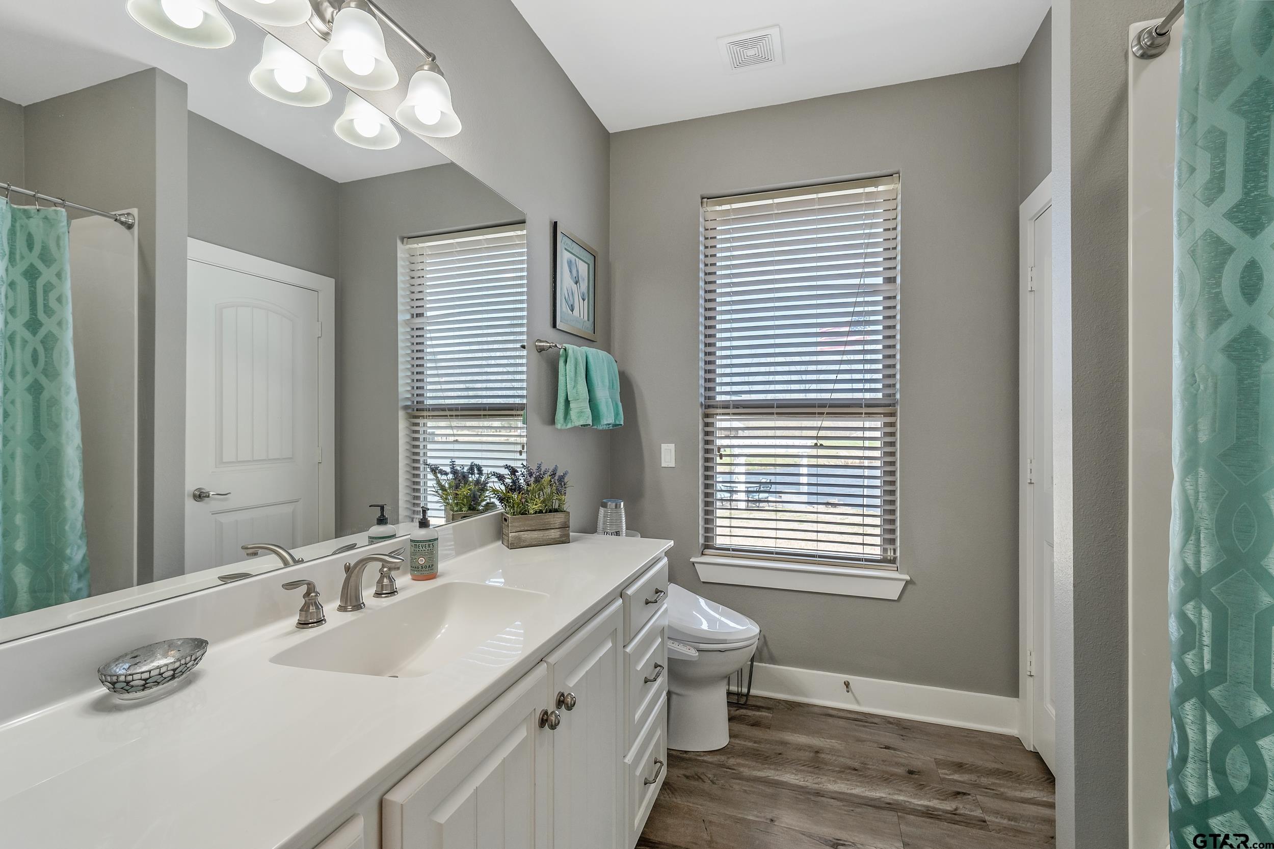 10918 Spring Club Lake Tyler, TX 75706 - Photo 14 of 23 a bathroom with a granite countertop sink a large mirror and a window