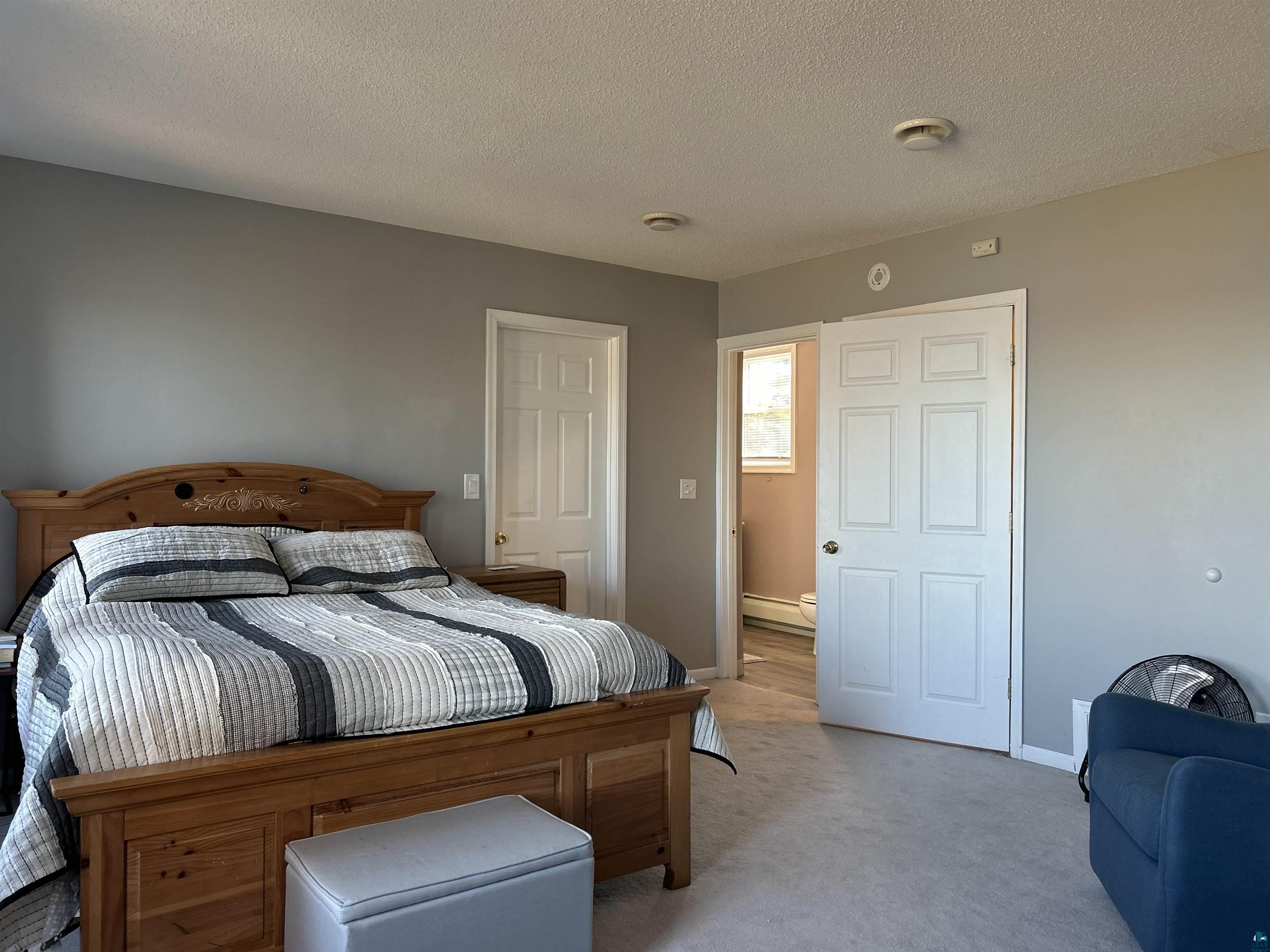 8655 South Lyman Lake Road South Range, WI 54874 - Photo 41 of 64 Bedroom with light carpet, a textured ceiling, and baseboard heating