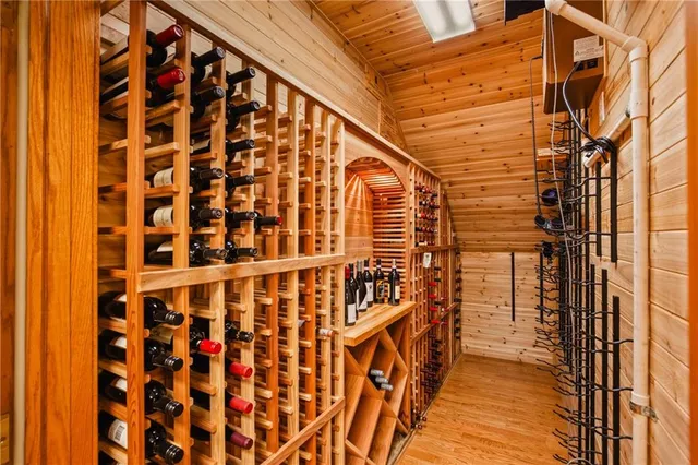 a view of a room with a black and white checkered floor