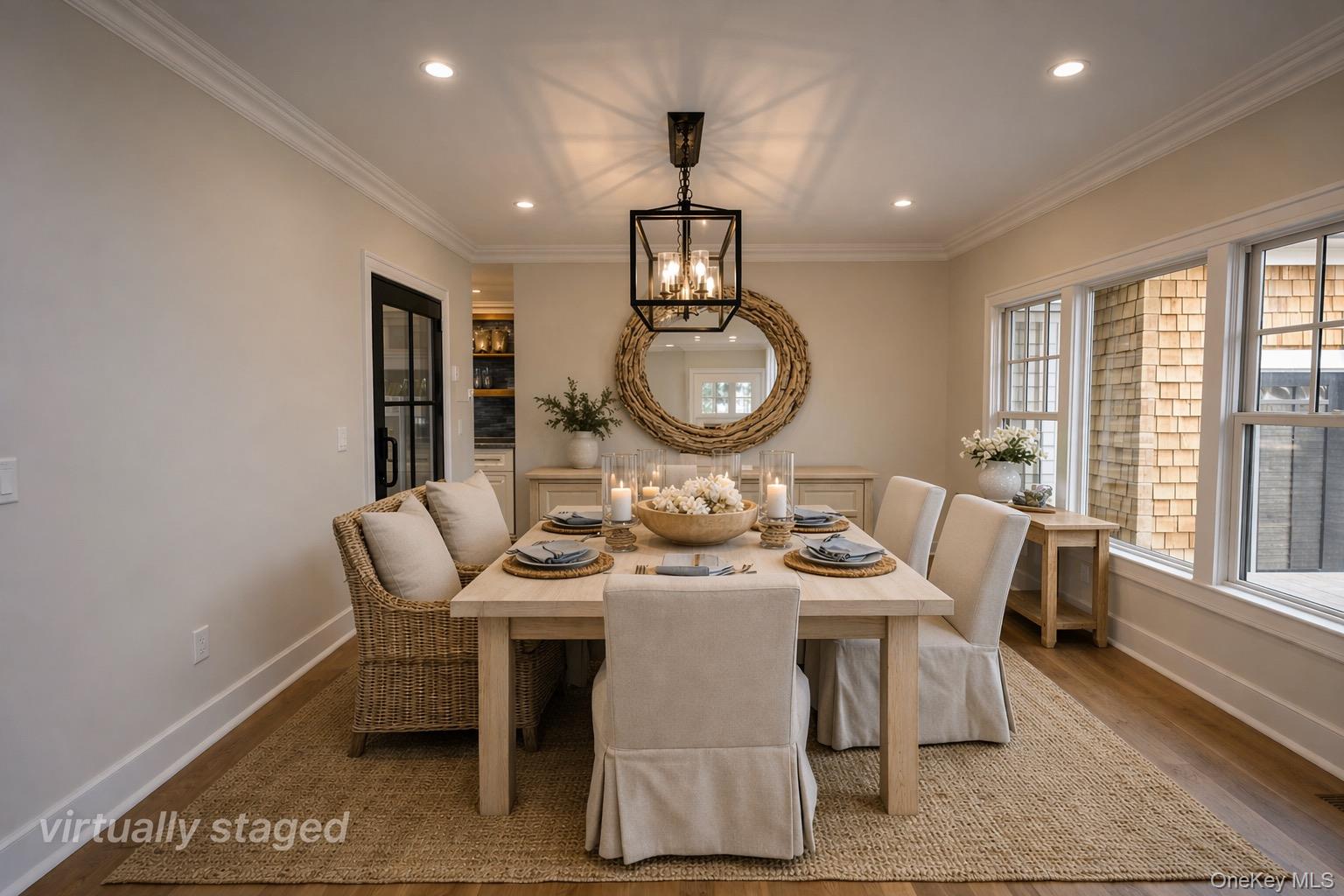 106 Cove Road Asharoken, NY 11768 - Photo 10 of 46 Dining area featuring wood-finish flooring, recessed lighting, and a linear chandelier