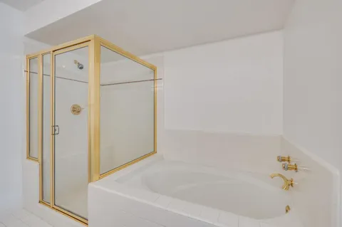 a bathroom with a bathtub and a shower
