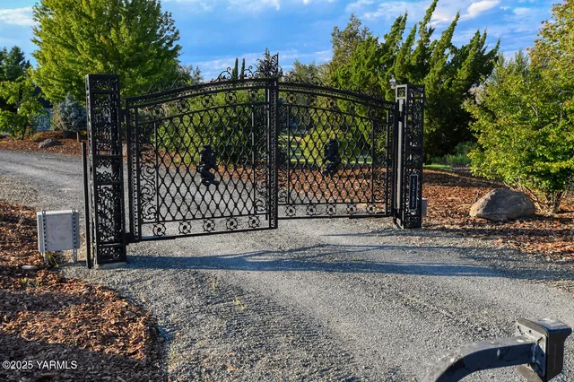 a view of a swimming pool with a big yard and large trees