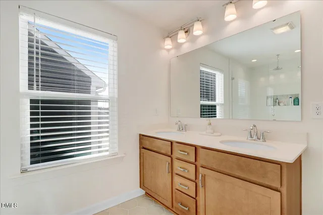 a bathroom with a sink a shower and a mirror