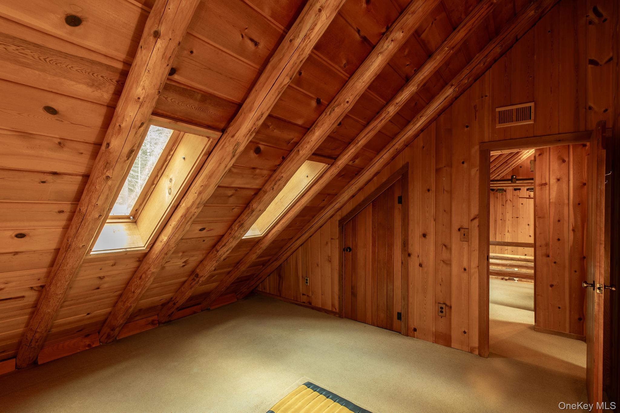 79 Torre Rock Road Red Hook, NY 12571 - Photo 28 of 33 Additional living space featuring wood ceiling, vaulted ceiling, wood walls, a skylight, and carpet