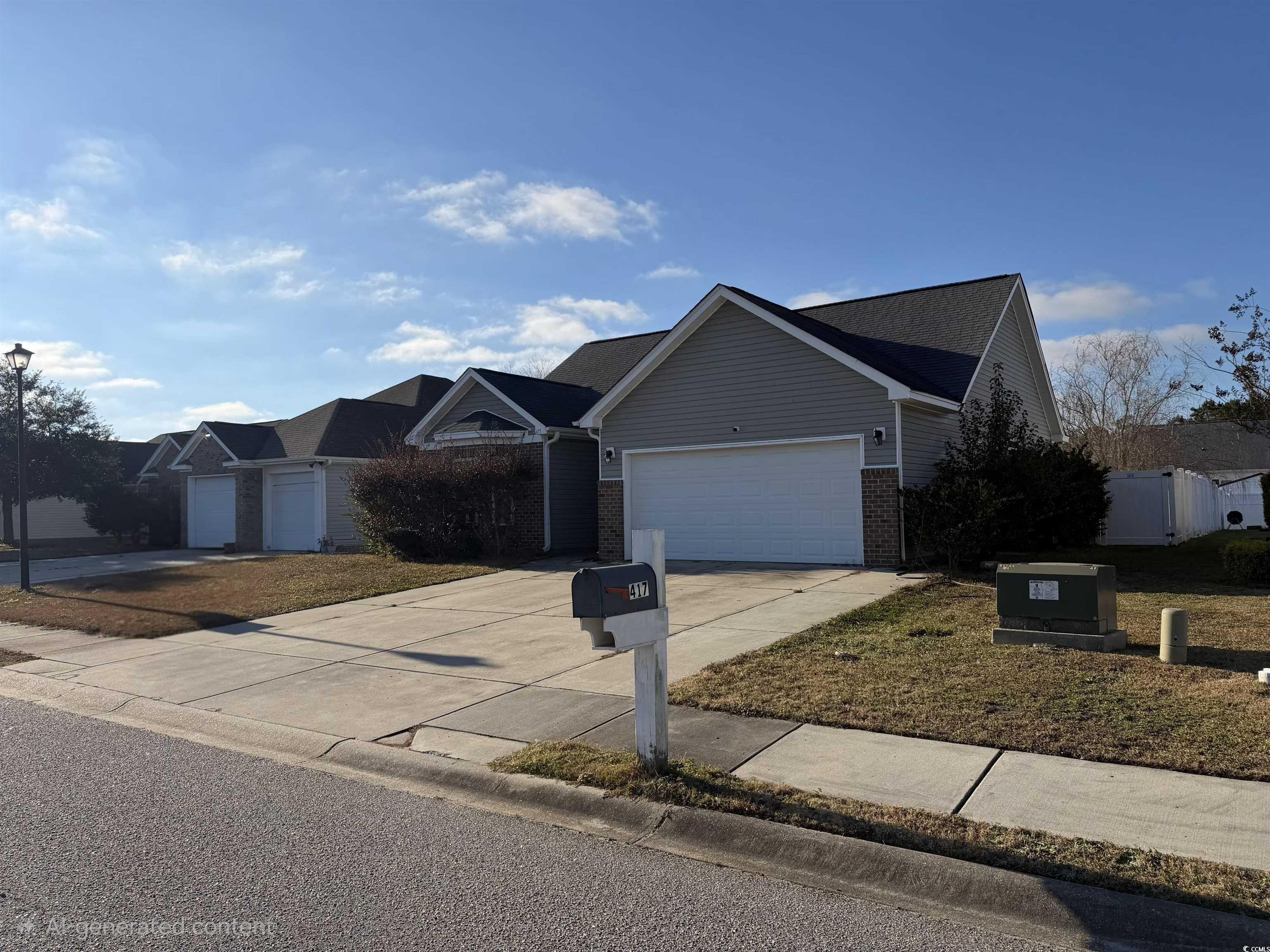417 Cassian Way Myrtle Beach, SC 29588 - Photo 2 of 13 Ranch-style house featuring brick siding, concrete driveway, an attached garage, and a front lawn