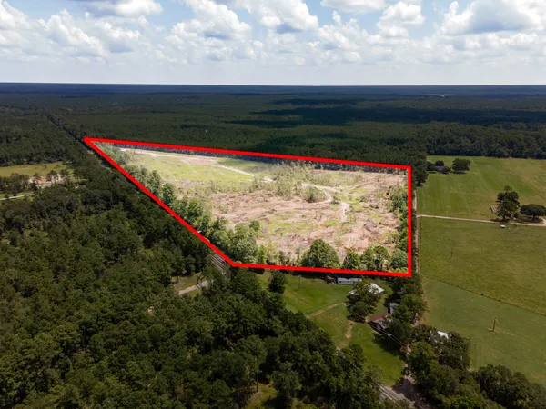 an aerial view of water body with boats and trees