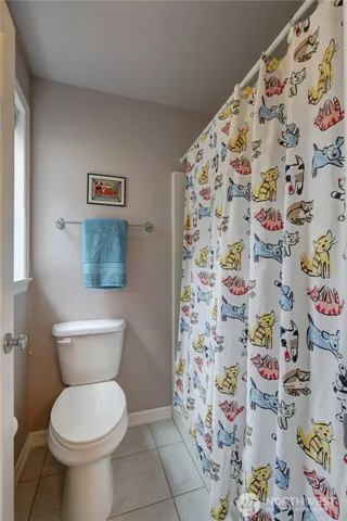 a white toilet sitting next to a curtain and a shower curtain