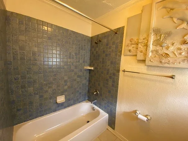 a bathroom with a bathtub