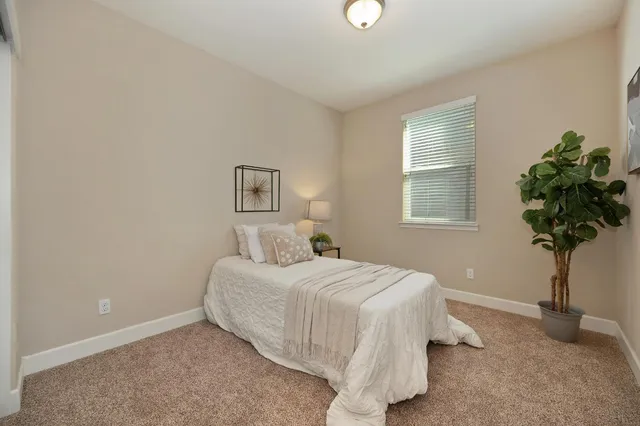 a bedroom with a bed and a plant