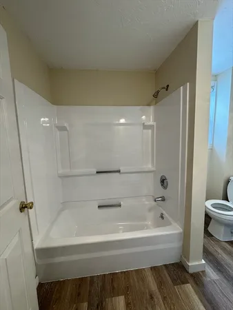 a bathroom with a bathtub and a toilet