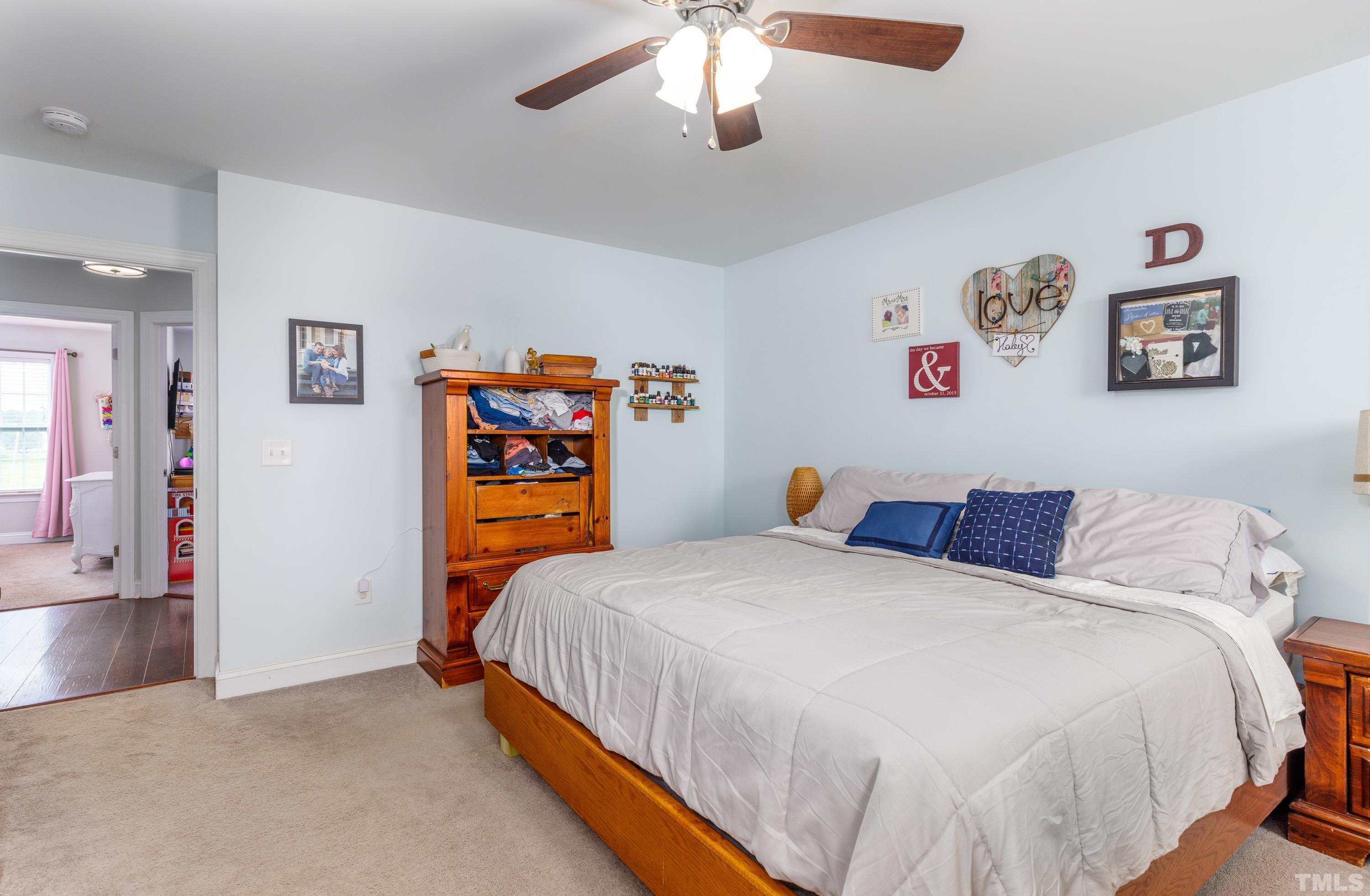 5333 Needham Road Bailey, NC 27807 - Photo 10 of 20 a bedroom with a bed and a chandelier