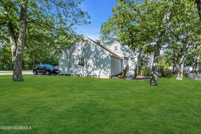 a view of a park with large trees