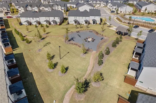 an aerial view of a swimming pool