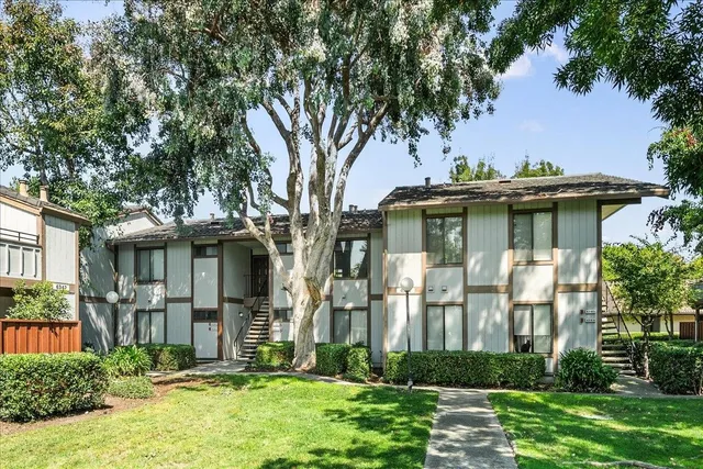 a view of a white house with a yard and plants