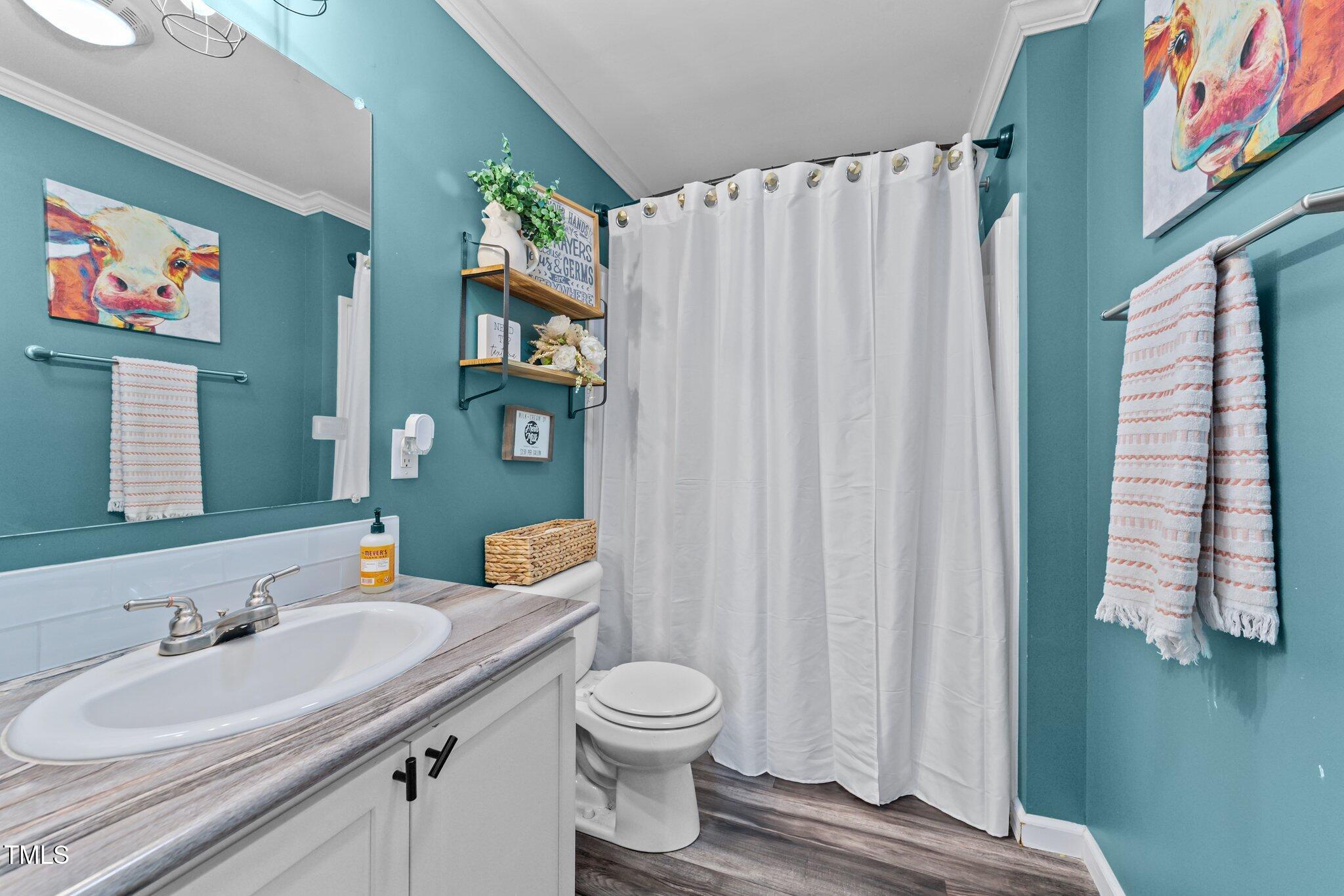 1500 Cheves Road Zebulon, NC 27597 - Photo 25 of 42 a bathroom with a granite countertop sink toilet and a large mirror