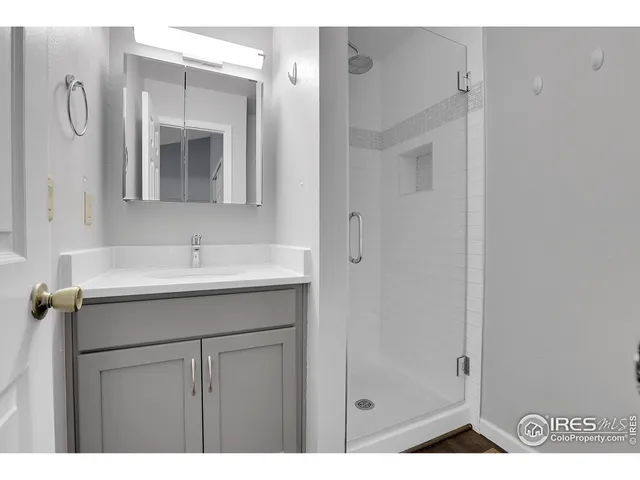 a bathroom with a sink a mirror a vanity and shower
