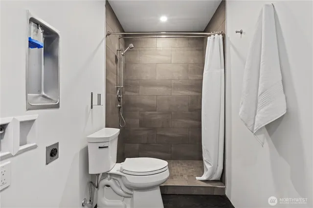 a bathroom with a shower and a toilet