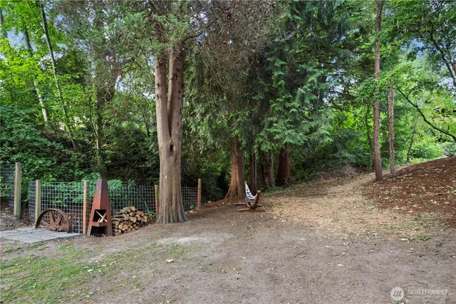 a view of a park with large trees and sign on the side of the road