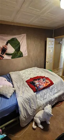 a bedroom with furniture and a chandelier