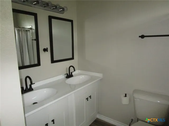 a bathroom with a sink and mirror with toilet