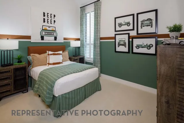 a bedroom with a bed and wall paintings