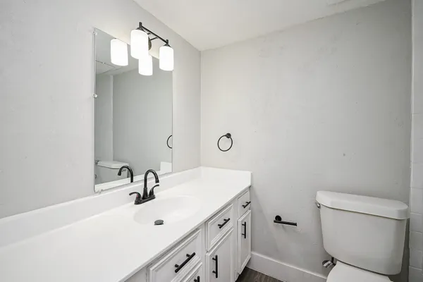 a bathroom with a sink a toilet and a mirror