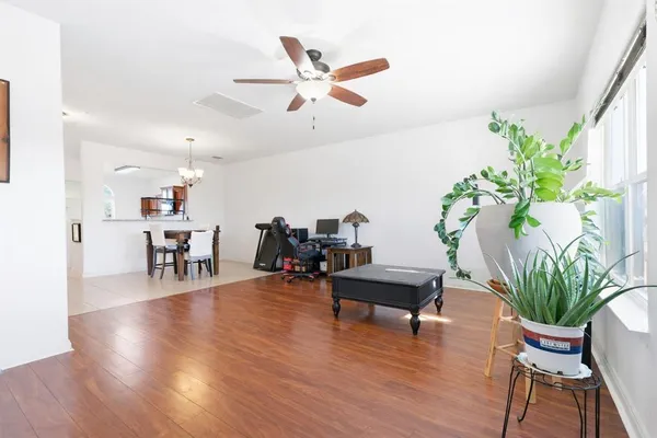 a workspace with wooden floor and a potted plant