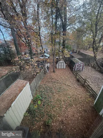 a view of a yard with plants and trees