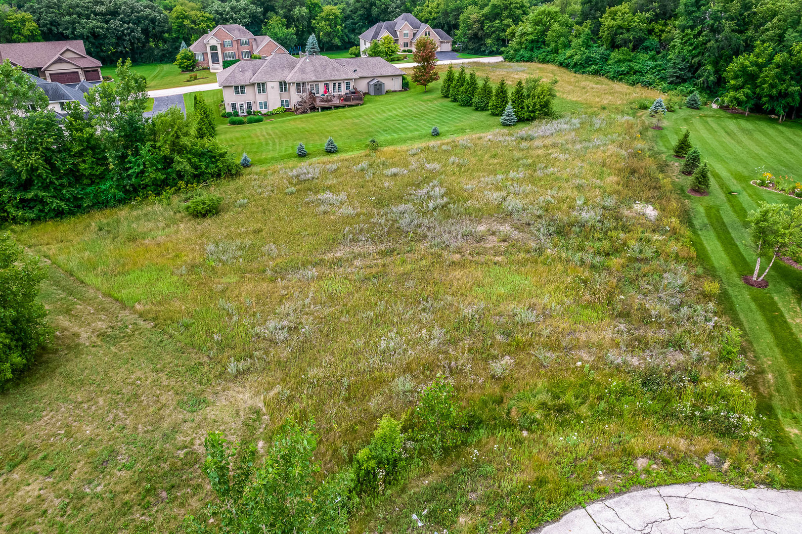 a view of backyard with outdoor seating and green space