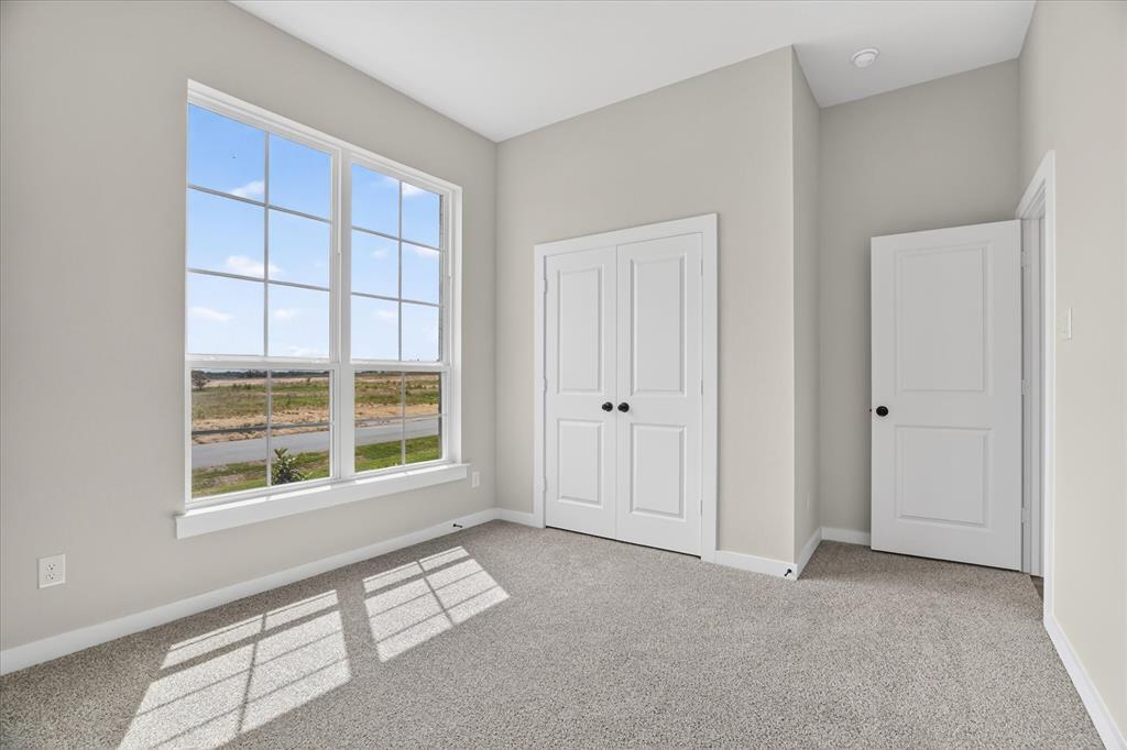 317 Skeen Peak Springtown, TX 76082 - Photo 14 of 31 Light-filled secondary bedroom featuring a large multi-pane window, neutral-toned walls, plush grey carpeting, white trim, and two paneled doors with dark hardware