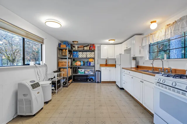 a view of a yard with plants and trees