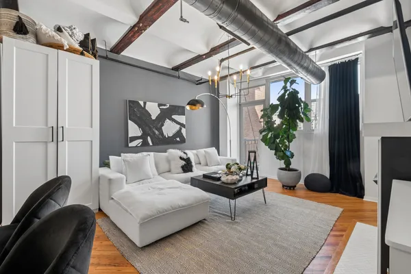 a living room with furniture and a potted plant