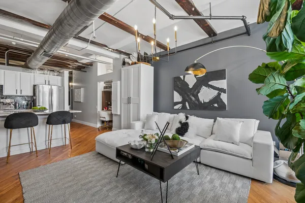 a living room with furniture and a potted plant
