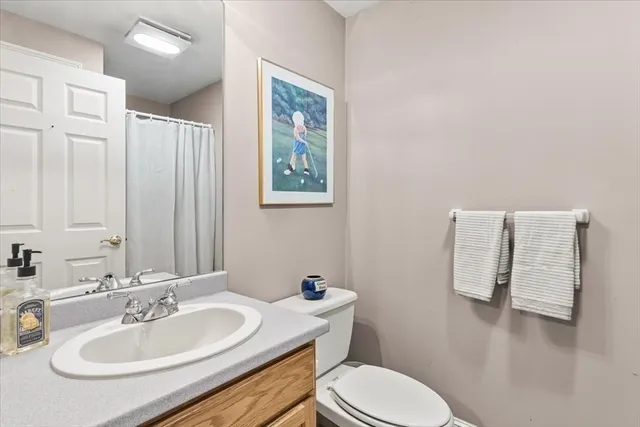 a bathroom with a sink toilet and mirror