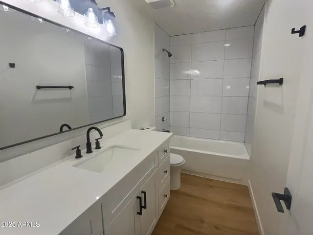 a bathroom with a tub sink toilet and a mirror