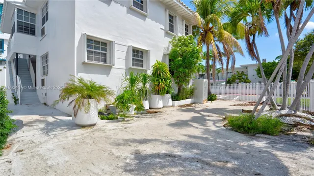 a view of a backyard with potted plants and palm trees