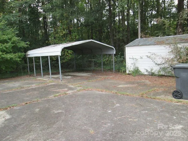 a view of a backyard with large trees and plants