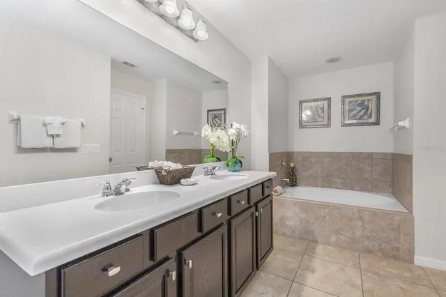 a bathroom with a tub a sink and mirror