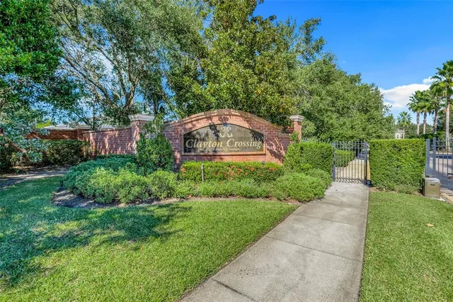a view of a park with large trees