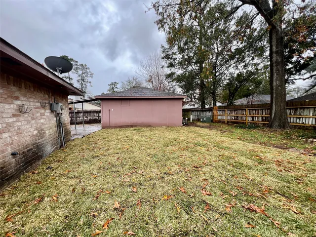 a view of a backyard with a large tree
