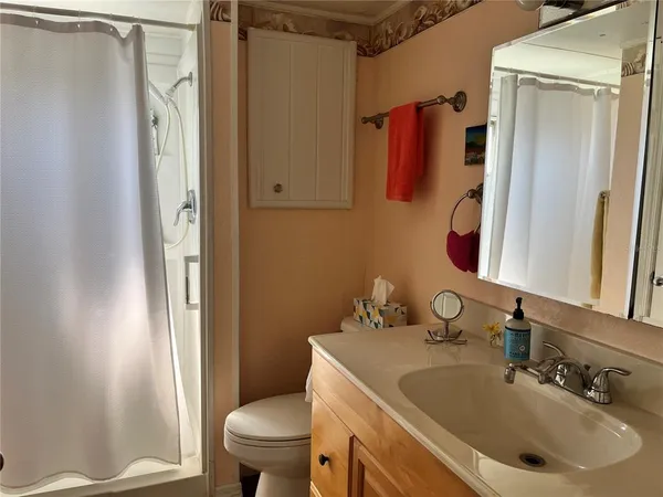 a bathroom with a sink toilet and shower
