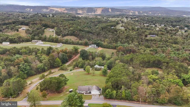 an aerial view of residential houses with outdoor space and trees