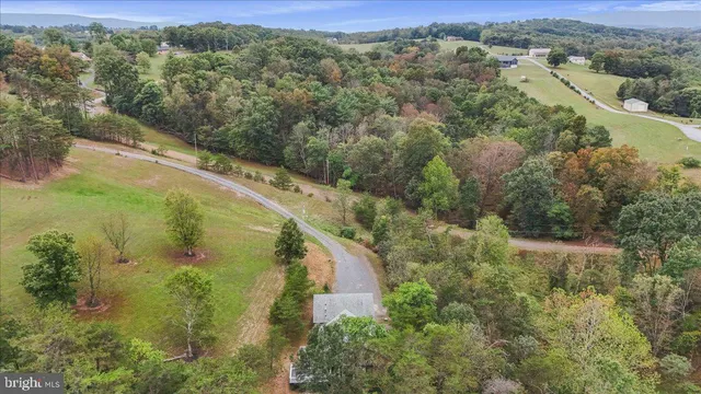 an aerial view of residential houses with outdoor space and trees
