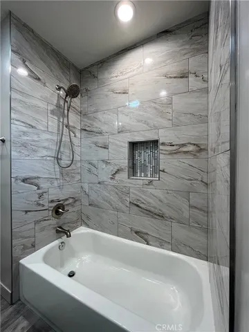 a bathroom with a bathtub