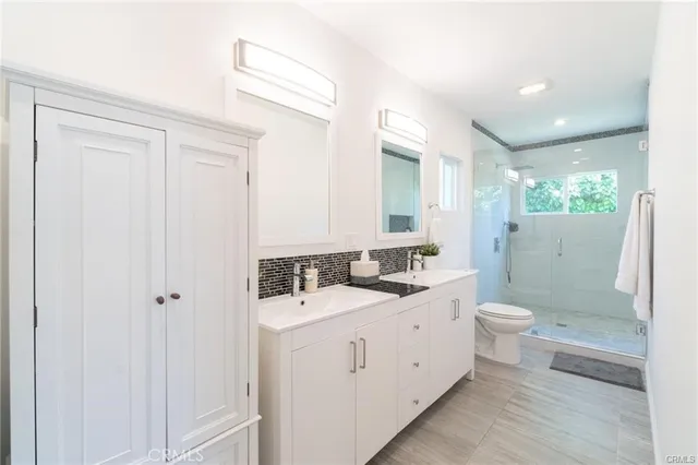 a bathroom with a double vanity sink a mirror and a toilet