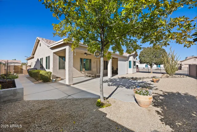 a view of a white house with a tree and plants