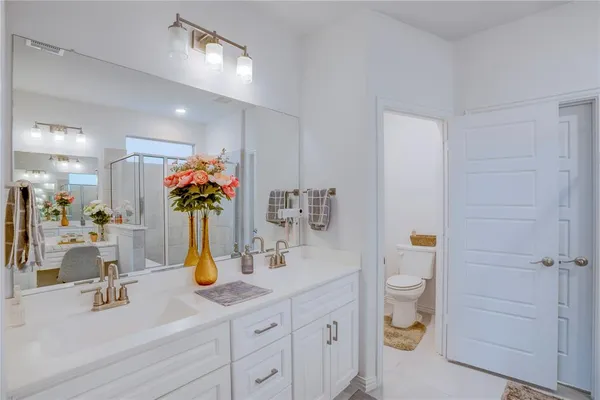a bathroom with a sink a toilet and mirror