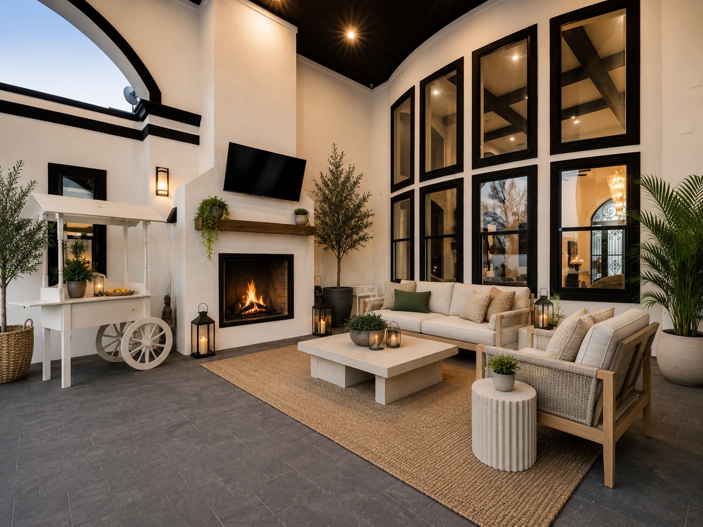 4821 Walters Road Richmond, TX 77469 - Photo 10 of 50 Beautifully designed outdoor living room with ambient lighting, fireplace feature, and dramatic architectural lines perfect for hosting or enjoying quiet evenings under the arches.